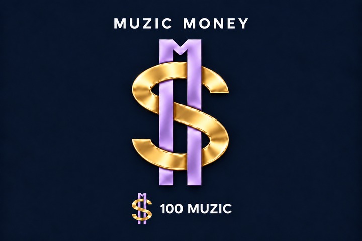MUZIC money: a shiny gold S woven through a mauve M on navy, with an illustrative 100 MUZIC amount